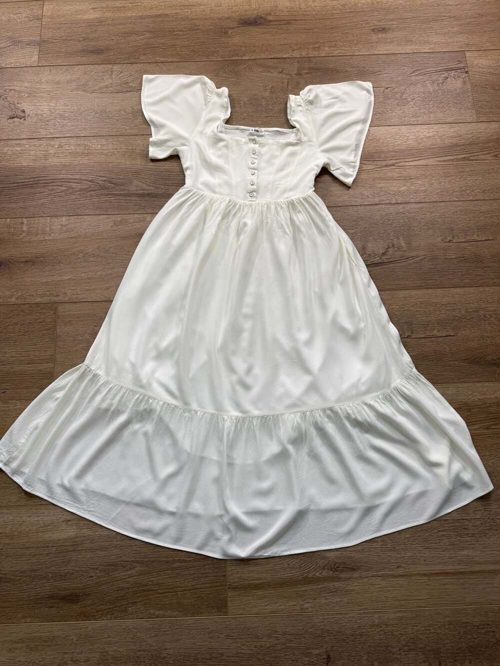 In Loom White Tiered Midi Dress S Button Front Flutter Sleeve Cottagecore - Picture 2 of 14
